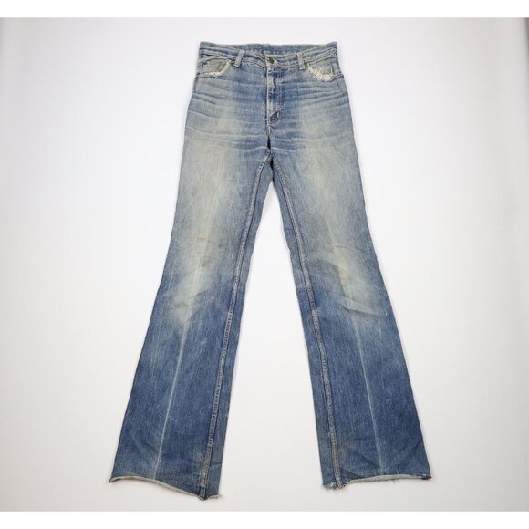 Vintage 70s Streetwear Mens 30x36 Thrashed Wide Leg Bell Bottoms Denim Jeans